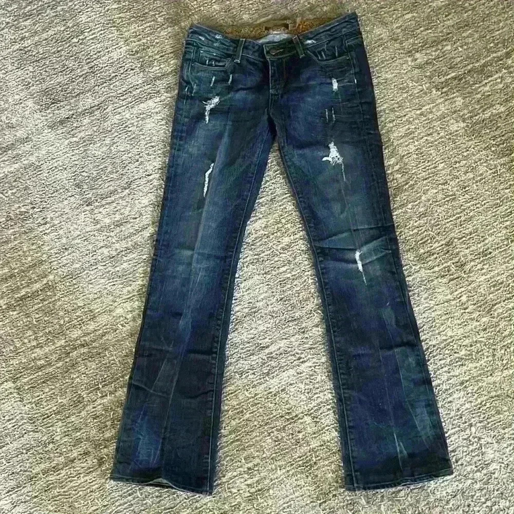 Paige low rise bootcut, distressed dark wash jeans